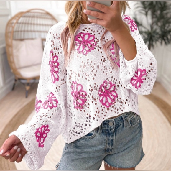 White and Pink Floral Lace Women's Top - Picture 5 of 13